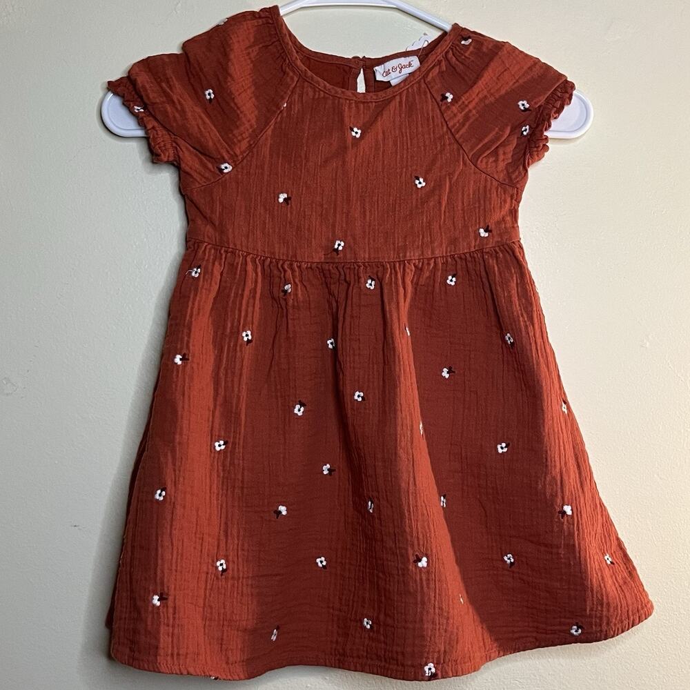 CAT & JACK Dress Girls Sz 4 Orange Embroidered Flowers 100% Cotton